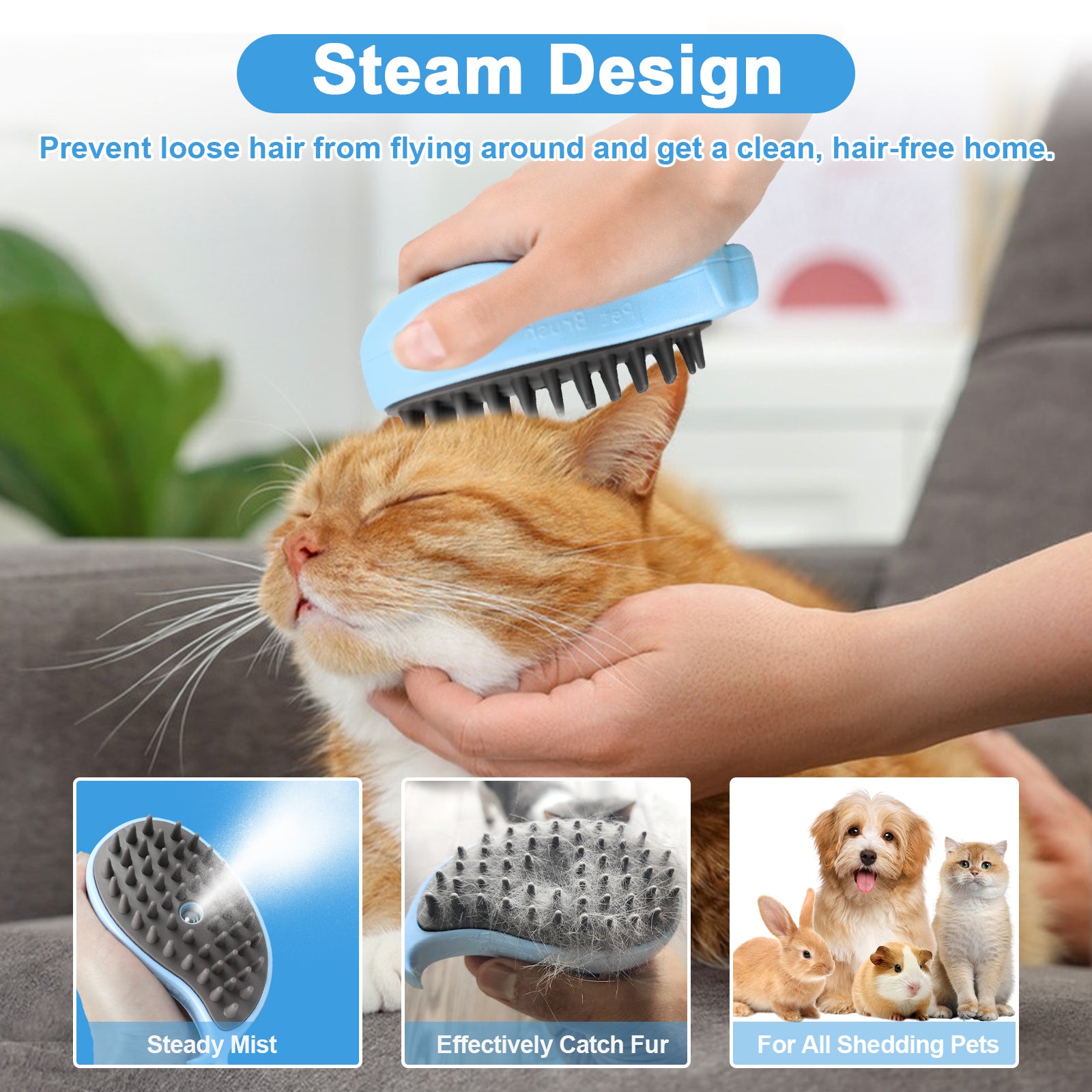 Steam Cat Brush for Shedding – Gentle Mist Deshedding & Massage Brush for Cats & Dogs