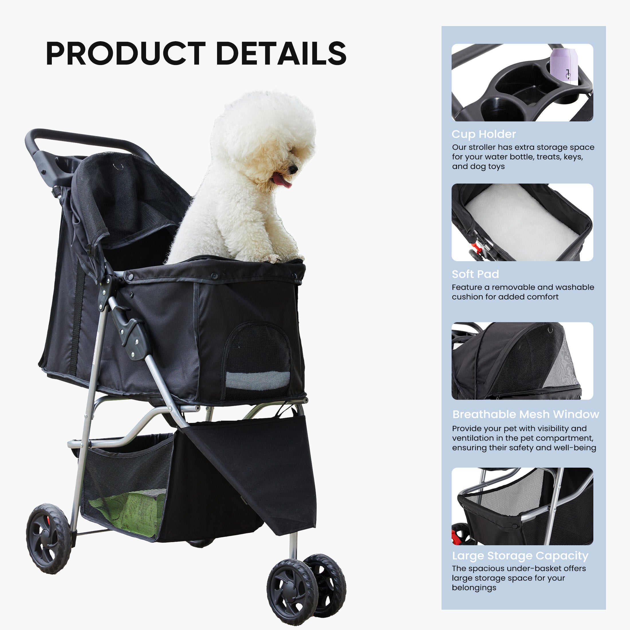 Luxury Pet Stroller for Dogs & Cats – Foldable, Breathable Travel Cart with Storage (Black)