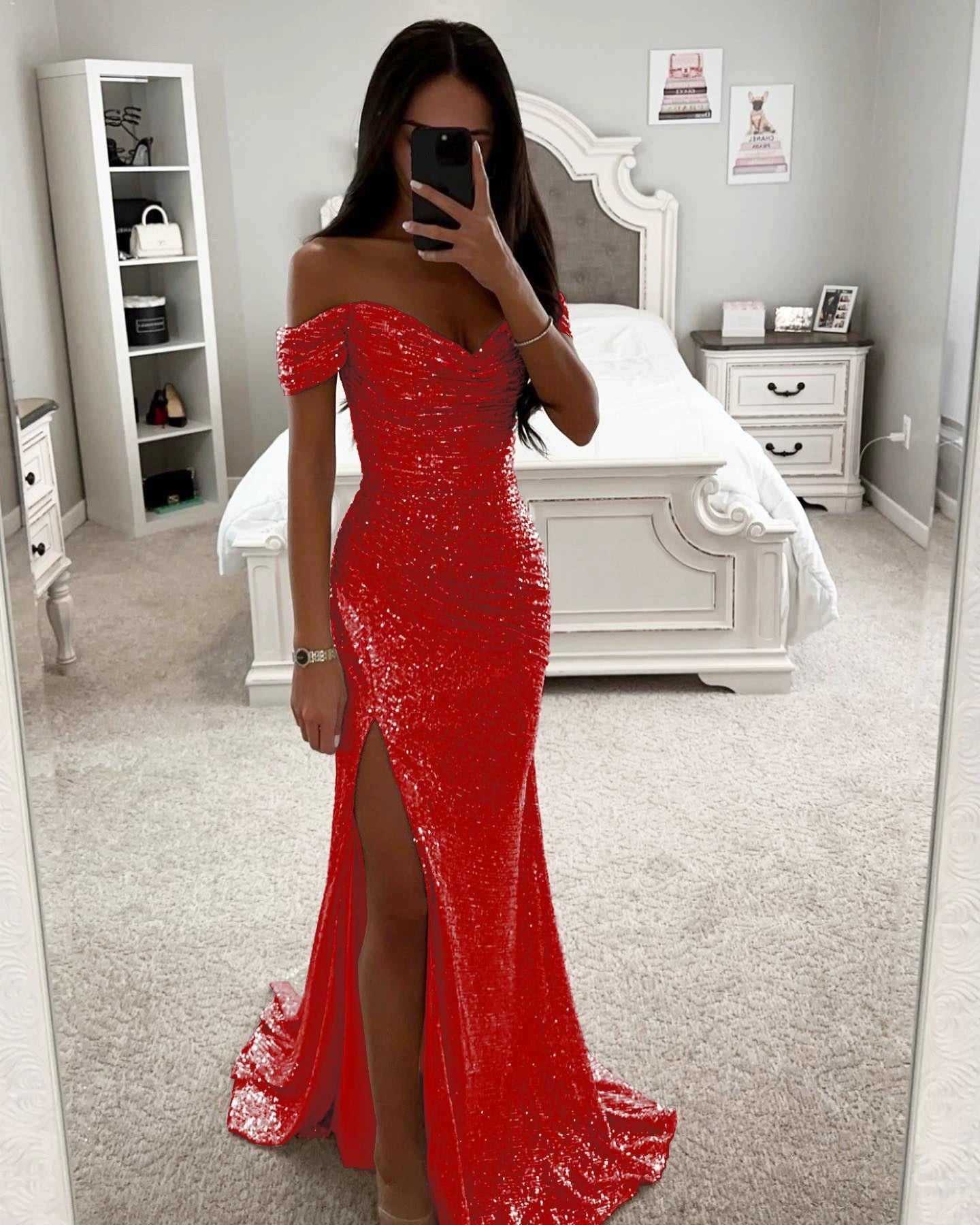 Elegant Off-Shoulder Sequin Evening Dress