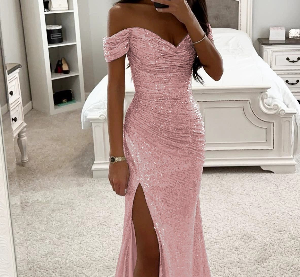Elegant Off-Shoulder Sequin Evening Dress