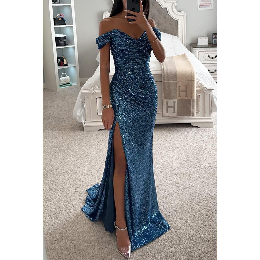 Elegant Off-Shoulder Sequin Evening Dress