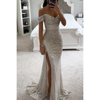 Elegant Off-Shoulder Sequin Evening Dress