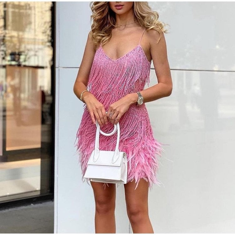 Elegant Sequin Feather Mini Party Dress