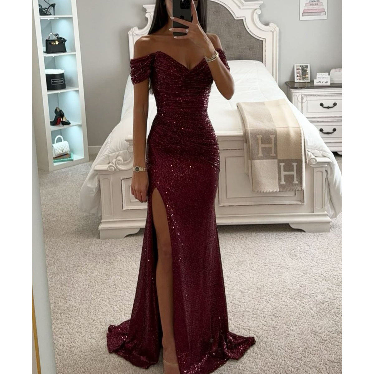 Elegant Off-Shoulder Sequin Evening Dress