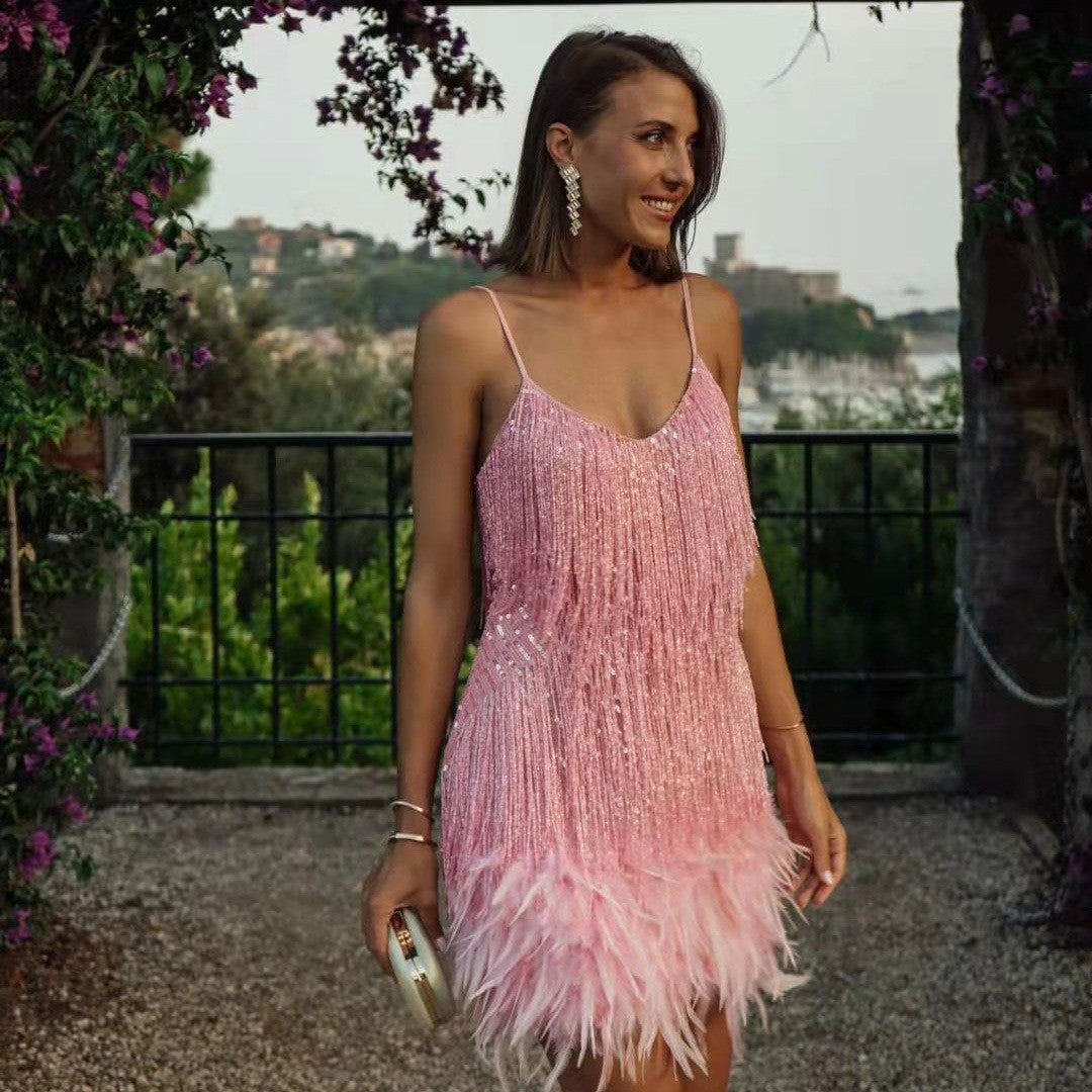 Elegant Sequin Feather Mini Party Dress