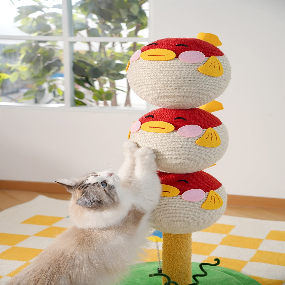 Cute Fish Cat Scratching Post Tower – 3-Tier Indoor Cat Climbing & Scratching Tree with Stable Base