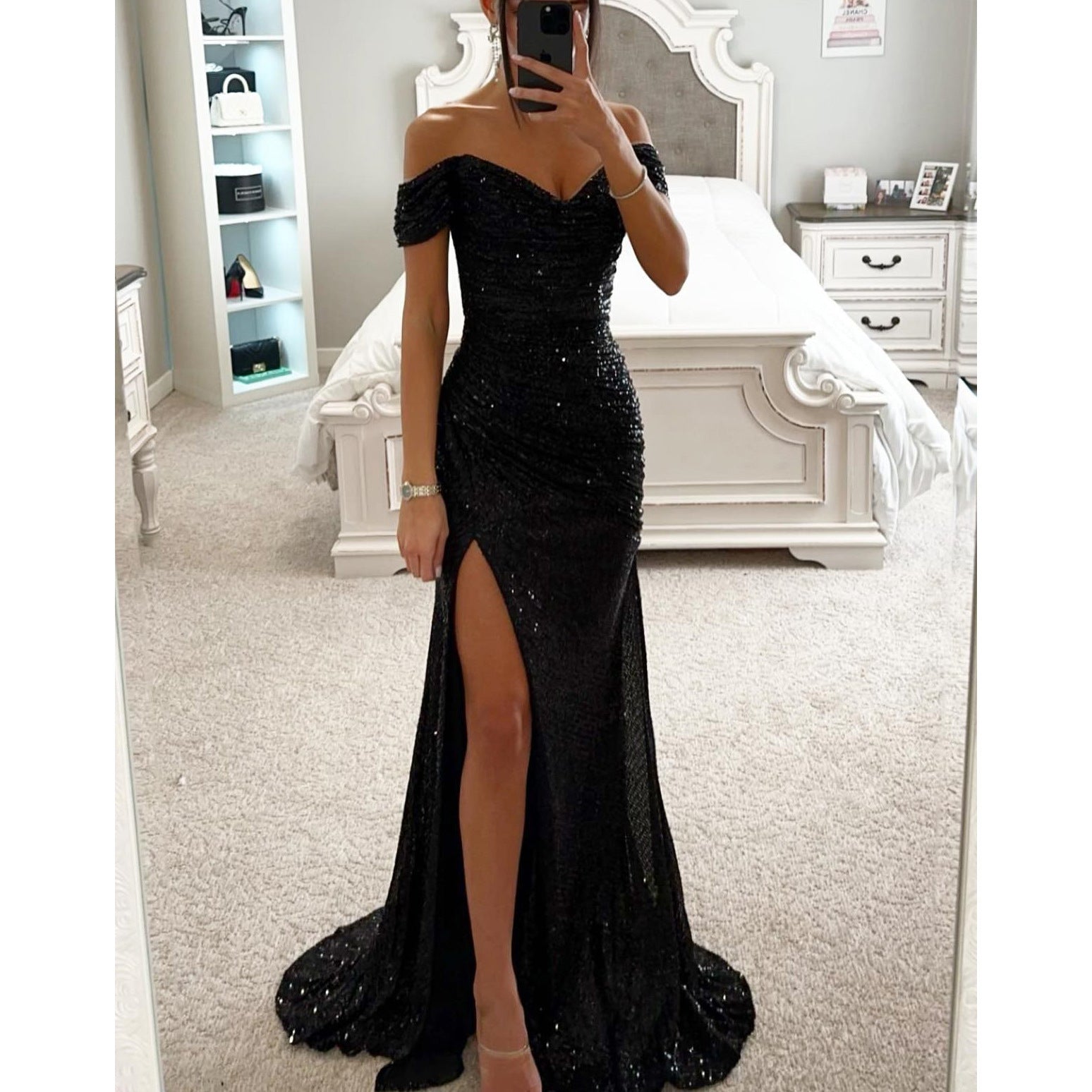 Elegant Off-Shoulder Sequin Evening Dress